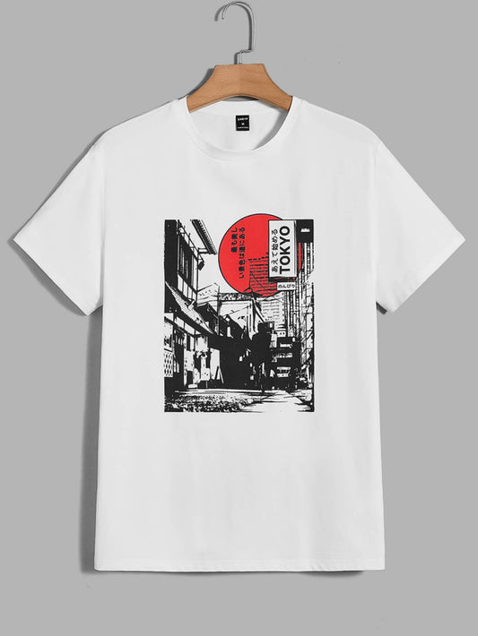 Manfinity Hypemode Men Japanese Letter & Street Print Tee